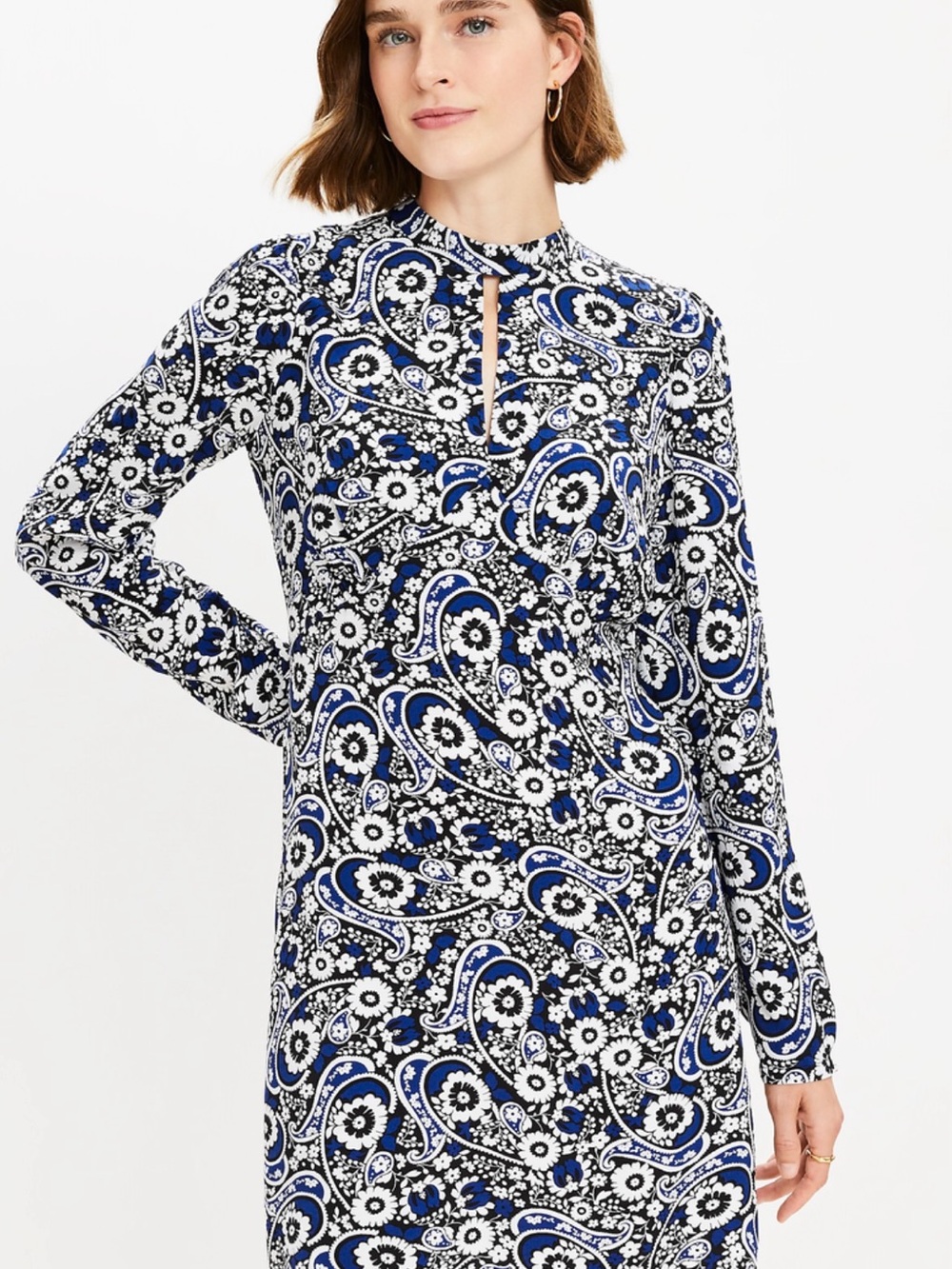 LOFT Blue, White and Black Paisley-Print Long-Sleeve Midi Dress